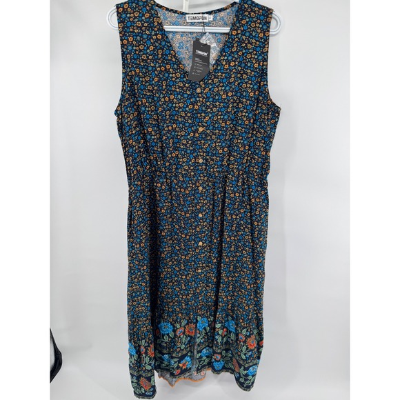 TEMOFON Women's Floral Midi Dress XL Sleeveless Button Front Blue Yellow - Picture 1 of 6
